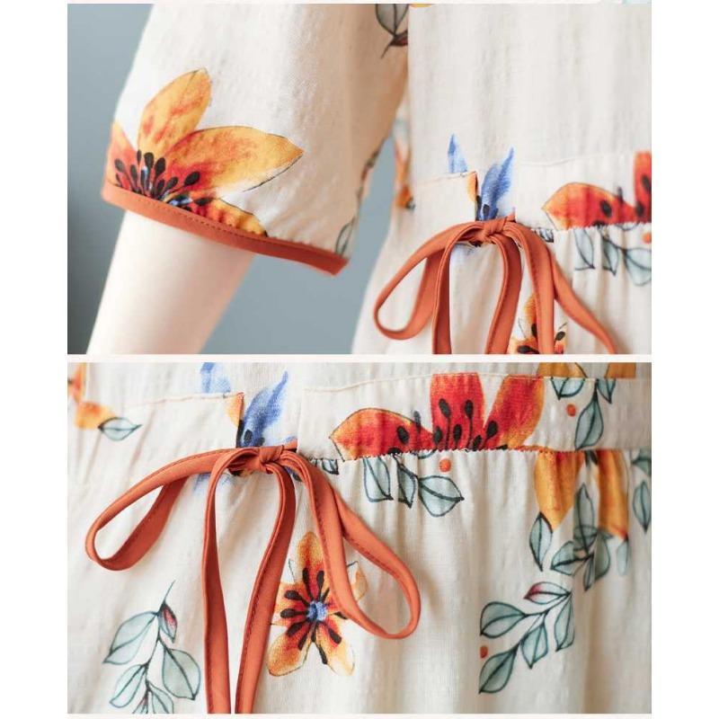 Nowe luźne plus size drukowane sznurki do wiązania w pasie etniczny styl dekolt w serek rękaw pięciominutowy literackie długie sukienki