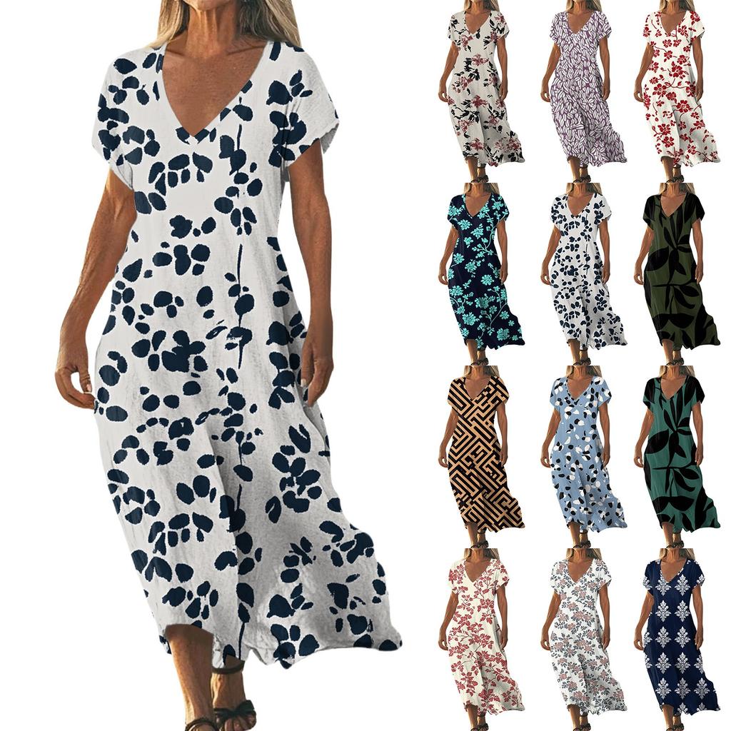 Fashion Women's Summer V-Neck Short Sleeve Floral Print Beach Dress