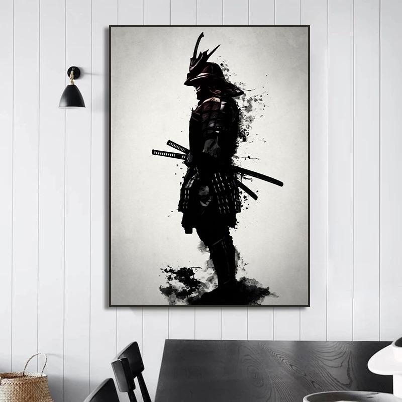Poster Samurai Japonia Estetic Colorat Anime Dragon Soare Roșu cu Samurai Negru Pictură pe Pânză Artă de Perete Cameră Copii Decor Acasă