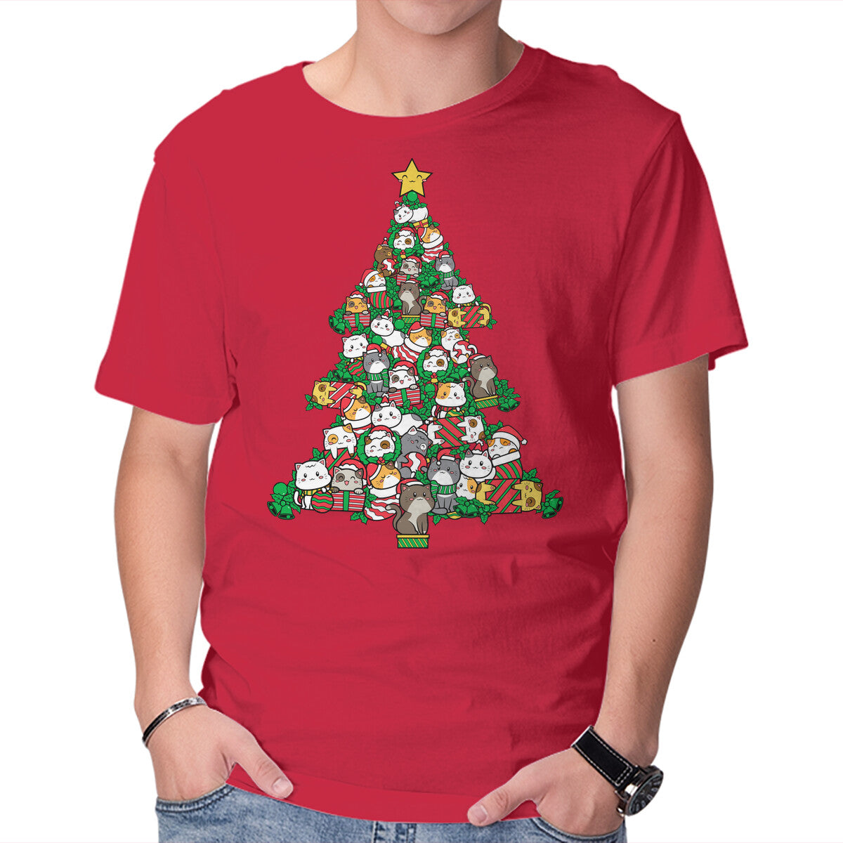 Unisex Crew Neck T-Shirt Cat Doodle Christmas Tree Graphic Short Sleeve Casual Tee M