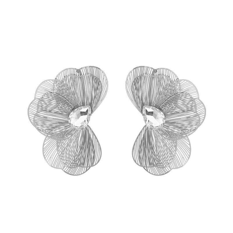 Gold Floral Stud Earrings With Rhinestone Accents Hollow Out Design Women Fashion Jewelry