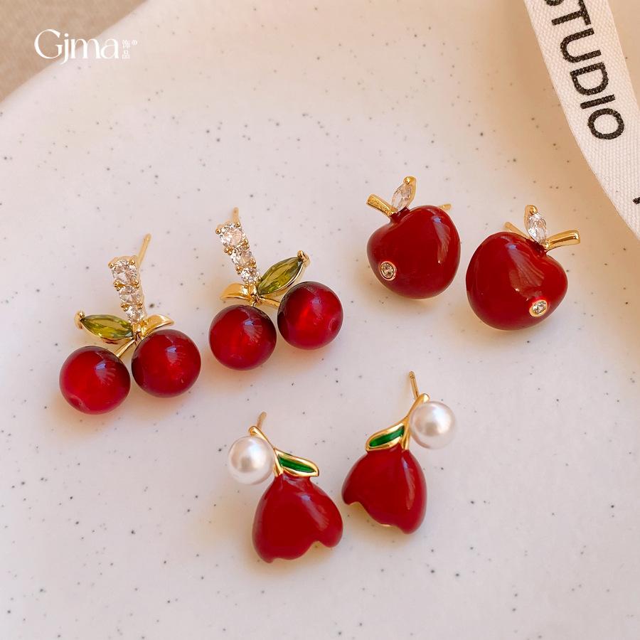 Retro temperament geometric zircon resin cherry stud earrings exquisite earrings women