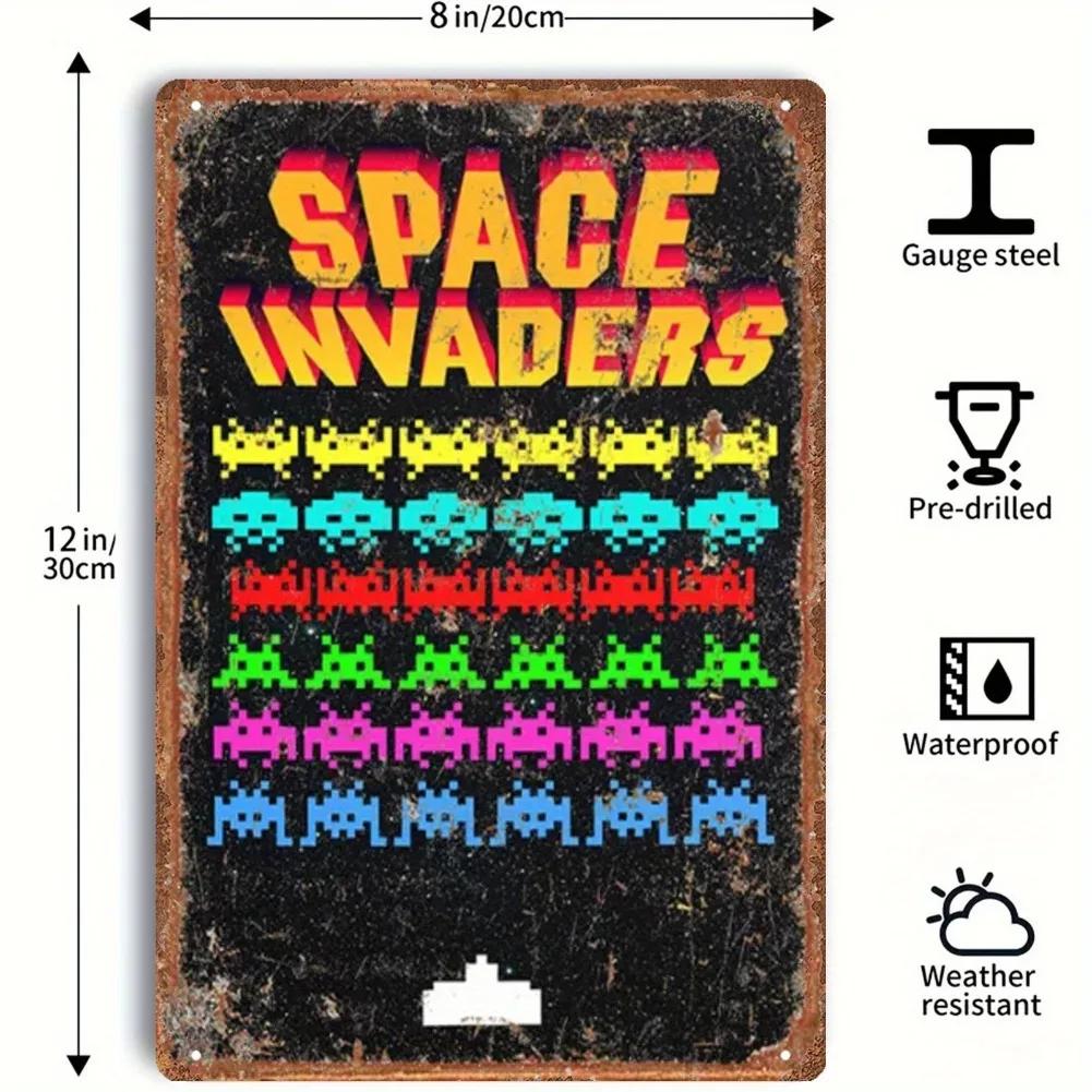Vintage Space Invaders 8x12 Metal Sign Retro Alien Design Home Bar Cafe Decor Space Room Art