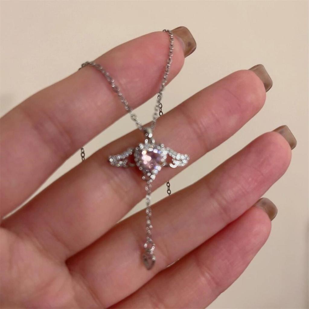Y2K Crystal Zircon Heart Pendant Necklace Angel Wing Elegant Clavicle Chain