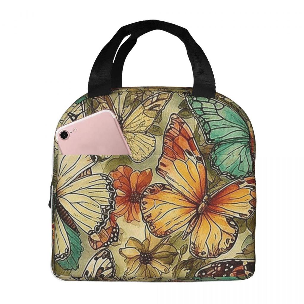 A Butterfly Vintage Pattern Insulated Lunch Bag for Women Kids Portable Food Boxes Thermal Lunch Box Tote