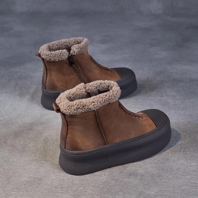 Johnature Retro Plush Warm Women's Boots Genuine Leather Thick Soled Casual Versatile Short Boots