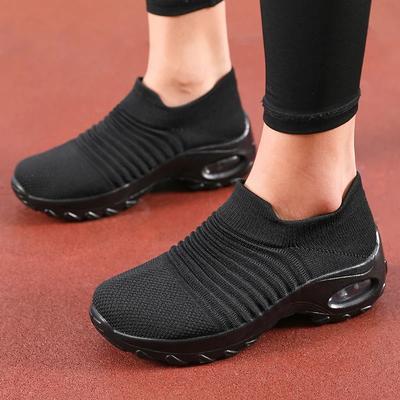 Women's Summer Slip On Shoes Black Sporty Casual Breathable Height Increasing Thick Soled Non Slip Comfortable  Walking Shoes