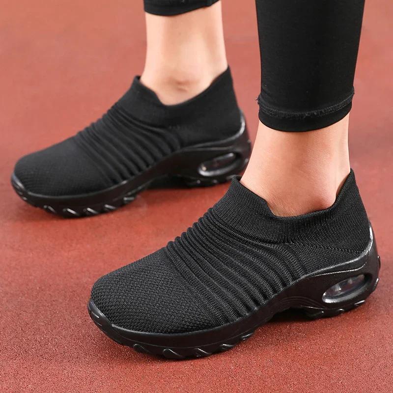 Women's Summer Slip on Shoes Black Sporty Casual Breathable Height Increasing Thick Soled Non Slip Comfortable New Walking Shoes
