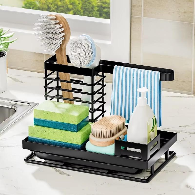 Kitchen Sink Organizer Metal Sink Caddy Sponge Holder Soap Drainer Shelf Drain Rack Dishcloth Hanger Brush Storage Drying Rack