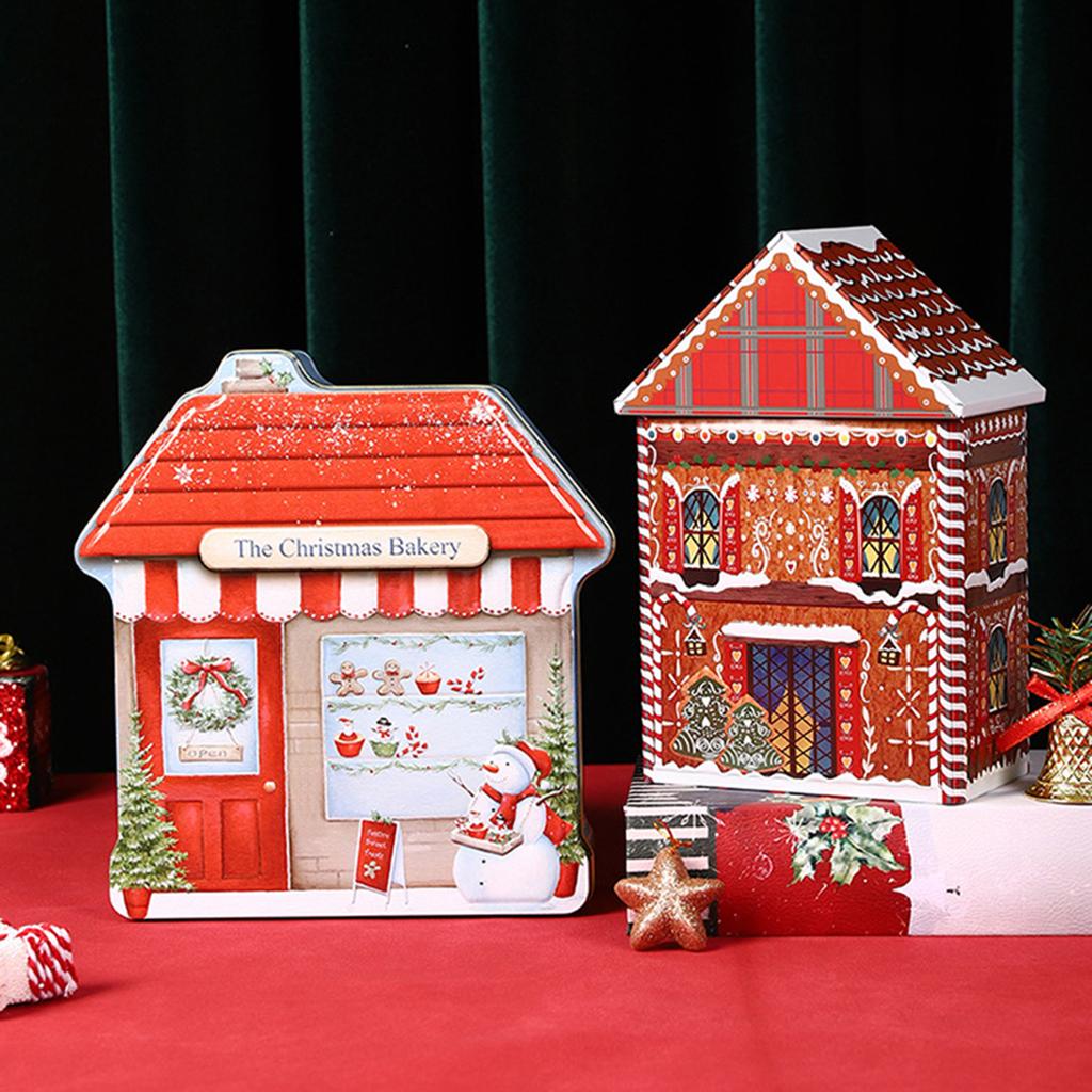 Festive Christmas House Shaped Tin Box Holiday Decorative Metal Container For Holiday Decor And Candy Storage Organizer