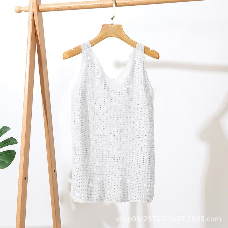 Women Sequin Embellished Knit V Neck Sleeveless Camisole Tank Top OneSize белый