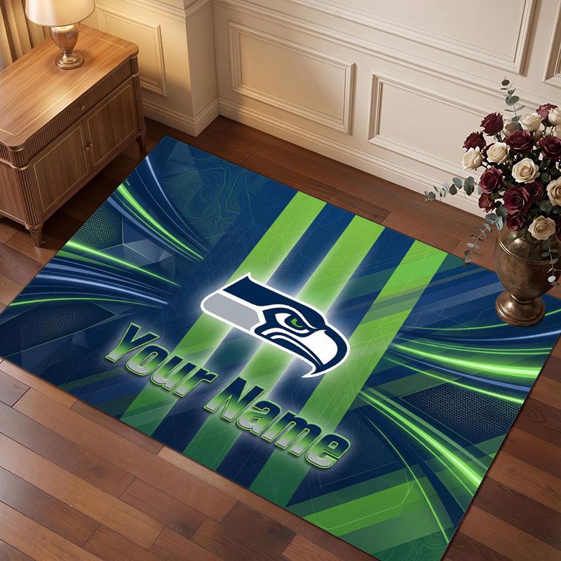 Seattle Seahawks Personalized Crystal Velvet Carpet, Customized Name Text Soft Anti‑Slip Rug for Living Room Bedroom