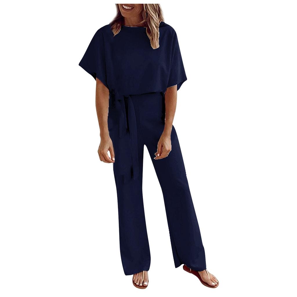 Women Fashion Leisure Solid Color Lace-Up Short Sleeves Female Jumpsuit