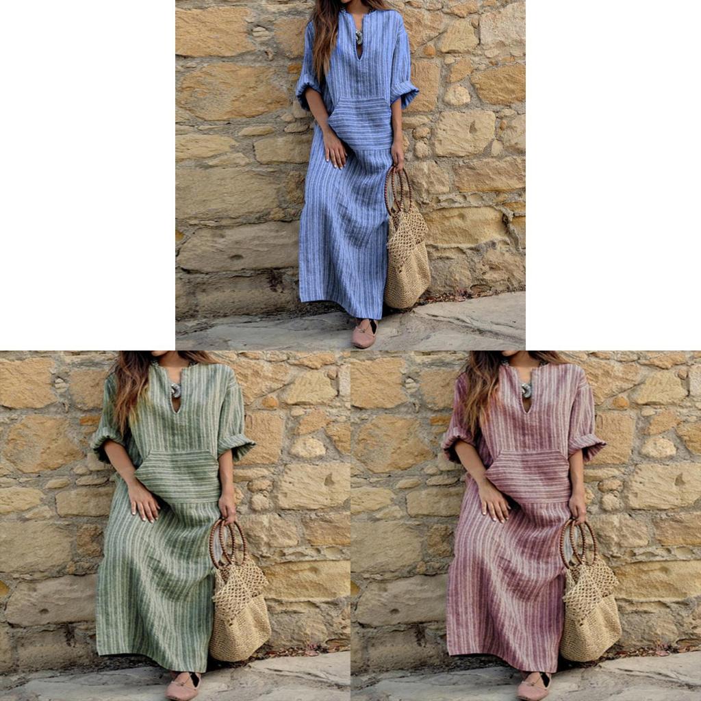 Art Vintage Cotton Linen Striped Long Dress With Loose Fit For Women