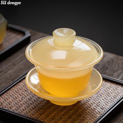 Chinese Yellow Dragon Gaiwan Teacup Jade Porcelain Sancai Cover Bowl Tea Cup Thickened Large Glass Cup Tea Set Accessories