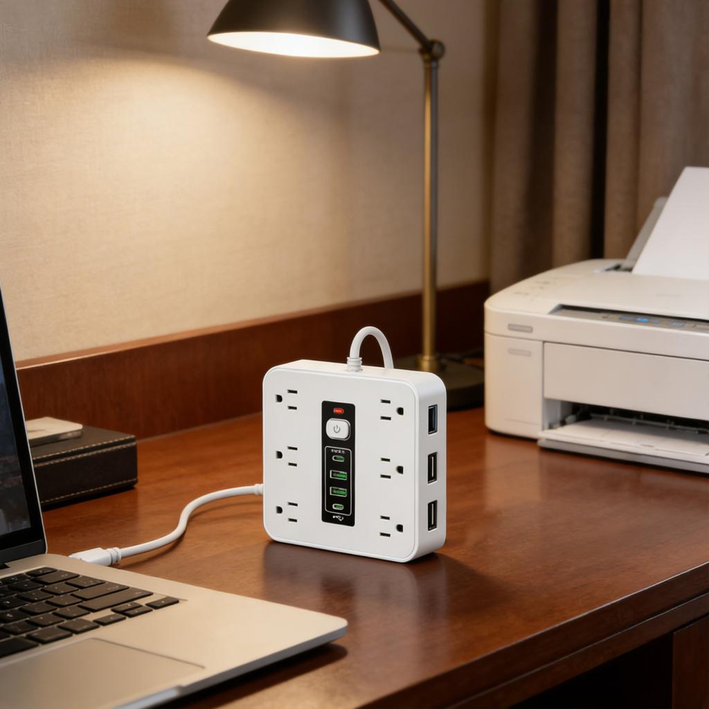 Multi-function Power Strip With Surge, Featuring 12 AC Outlets, 2 USB-C Ports, And 2 USB-A Ports. Includes A 6.6-foot