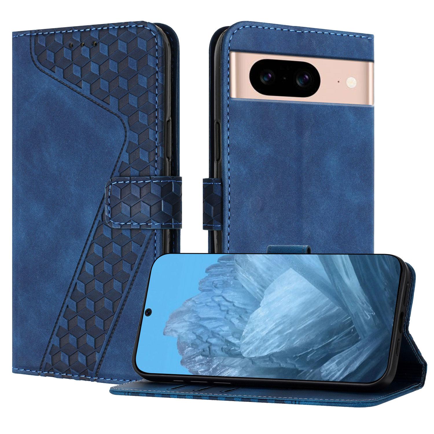 

For Google Pixel 8a Leather Case 7-Shaped Pattern Wallet Stand Shockproof Phone Cover Blue