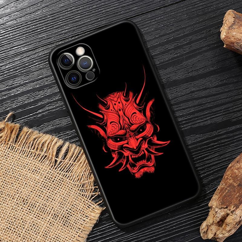 Japan Oni Samurai Yokai Mask Dragon Art Black Cover For Apple iPhone 15 13 14 12 11 Pro Max Mini XS 6 7 8 Plus Cases Soft Fundas