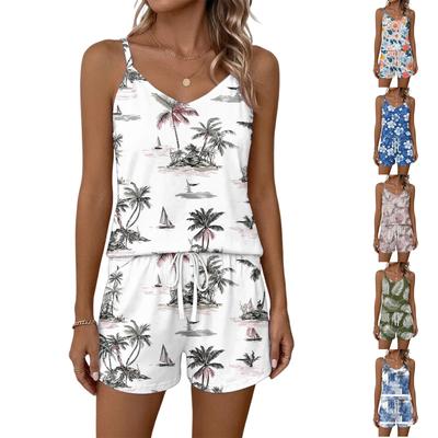 Damen Sommer Lässiges Zweiteiliges Set Blumenmuster Trägertop Quadratischer Ausschnitt Ärmellos Sportbekleidung mit Taschen Shorts Lounge-Set