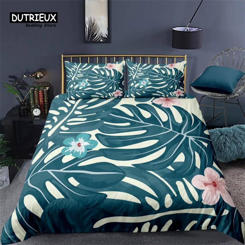 Soft Palm Leaves Comforter Cover Microfiber Tropical Botanical Leaves Bedding Set Double Monstera Leaf Floral Print Duvet Cover