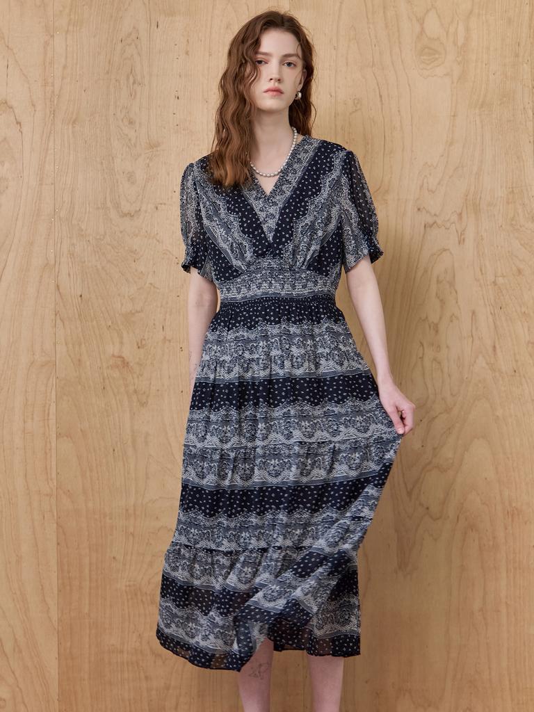 Maja Lace Pattern Smoked Banding V-Neck Long Dress