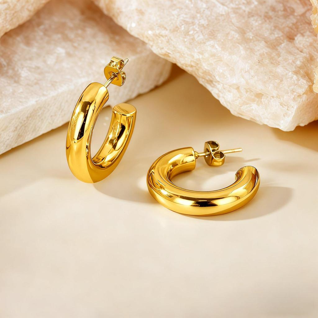 European American Classic Smooth C-Shaped Hoop Titanium Steel Retro Earrings for Women