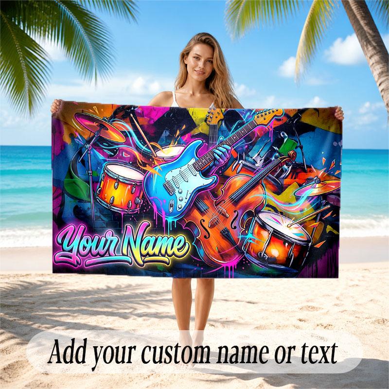 Music General Theme Beach Towel Personalized Custom Name & Text Soft Quick Dry Beach Towel for Swimming Travel