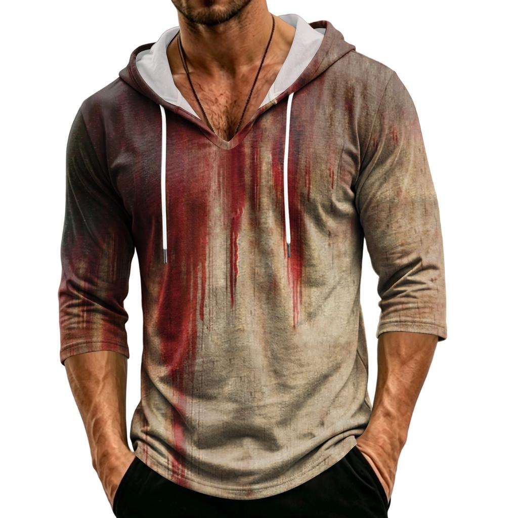Men's Loose Fit Casual Hooded Shirt Three Quarter Sleeve Halloween Graphic Print Pullover Top Lightweight Breathable