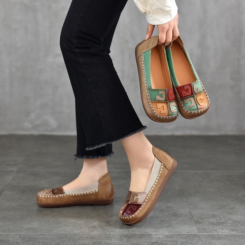 Johnature Vintage Mieszane Kolory Ręcznie Robione Damskie Buty Miękka Podeszwa Płytkie Prawdziwej Skóry Kwadratowe Noski Płaskie Buty