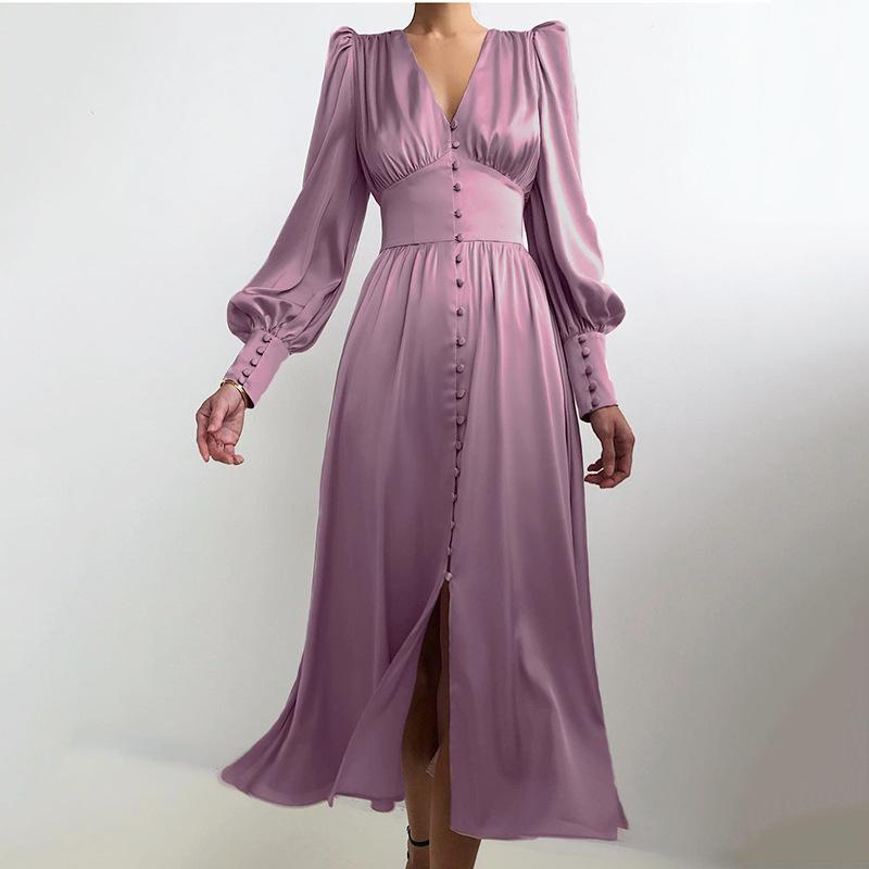 White Single Breasted Elegant Dress for Women Party Robe High Waist Satin Long Dress