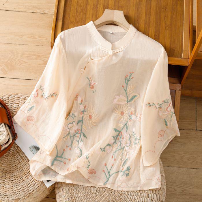 

Women s Chinese Style Embroidered Cotton Linen Shirt with Frog Buttons - Three-Quarter Sleeve 3XL абрикосовий