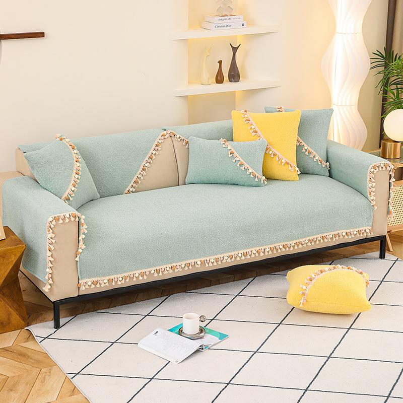 

Осенне-зимняя плюшевая подушка для дивана с кисточками и утолщенной нескользящей плюшевой подушкой, кожаный чехол для дивана 70x70cm светло-зеленый