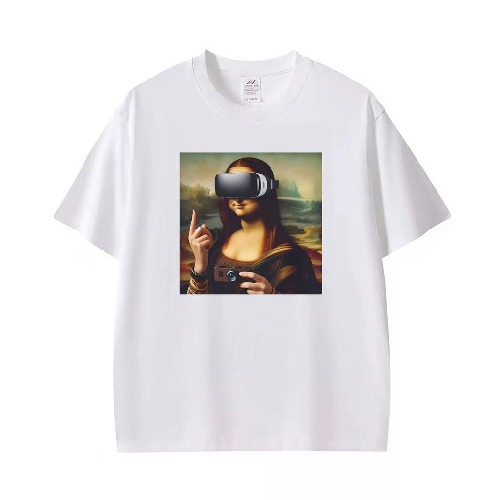 Funny Mona Lisa With Headset Funny Meme Graphic T Shirts Unisex Unisex Casual Cotton Tshirt Fashion Short Sleeve Oversized Tshirts