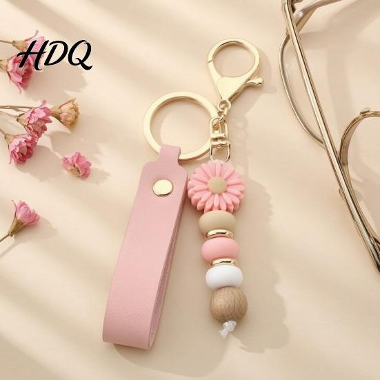 Flower Charm with Wood Beads Silicone Keychain Faux Leather Wristlet Car Key Aesthetic Ring Pendant Handbag Backpack Anti Oxidation Metal