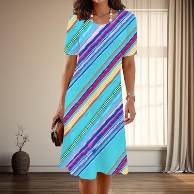 Damenmode Anmutiges Linienmusterdruck Sommer Frühling Kurzarm O-Ausschnitt Freizeitkleider