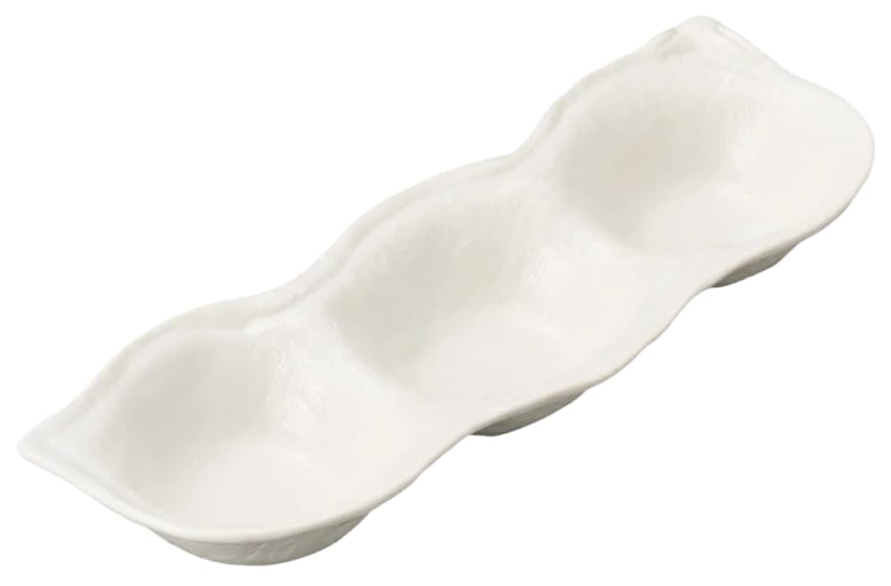 White Glazed Broad Bean Serving Plate (3-Dish) [27cm X 9.5cm X 3.5cm] Made In Japan Divided Condiment Plate, Perfect for Soba Restaurants, Set Meal