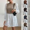 2025 Autumn Women's Color Block Puff Sleeve Round Neck Shirt Dress