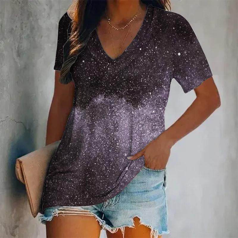 

Women s Short-Sleeve T-Shirt V-Neck Print 3D Star Oversized Women s Blouse Y2K Style Summer Casual Breathable Short Sleeve