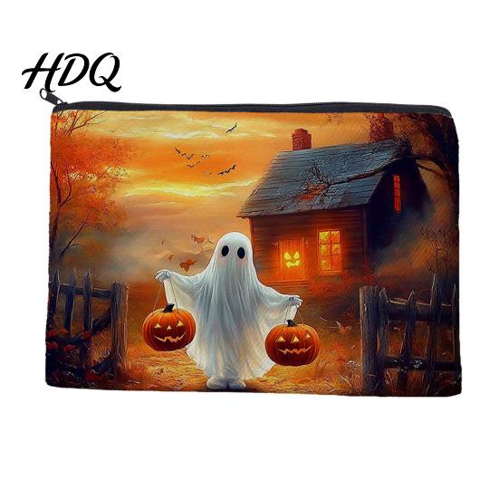 Large Capacity Pencil Bag Halloween Storage Bag, with Pumpkin Ghost Pattern Design, Thickened Themed Sundries Pouch Canvas Cosmetic Organizer,