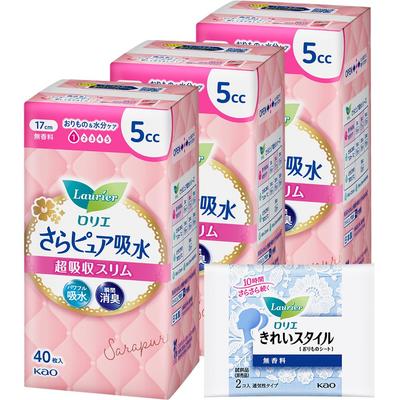 Laurier Sara Pure Super Saugfähig Schlank 40 Blatt x 3 Packungen Bonus 5cc, (120 Blatt) +