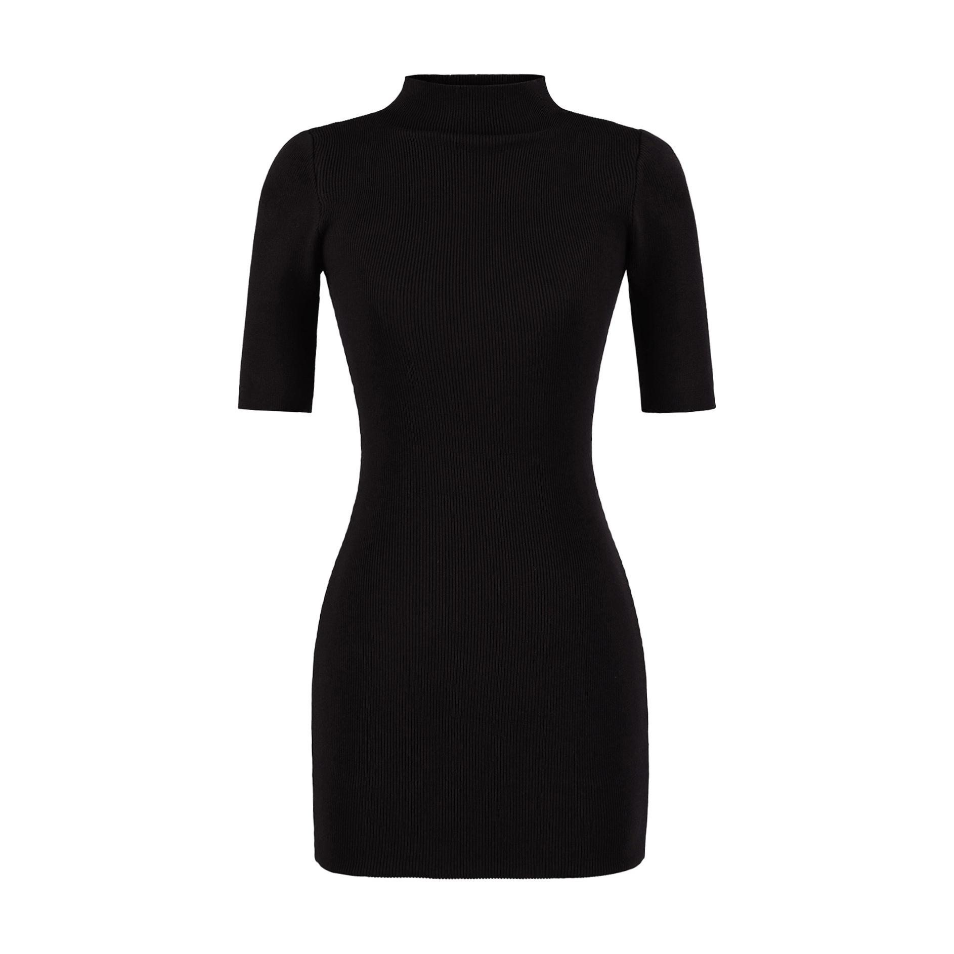 

American Spicy Girl Sexy Half-High Collar Mini Dress with Waist-Cinched A-Line Skirt and Five-Point Sleeves Medium чёрный