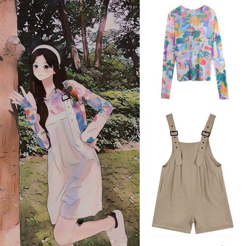 Korean Style Two-Piece Set: Loose Mesh Sun Protection Top + Fashionable Slimming Bib Shorts for Female Students.