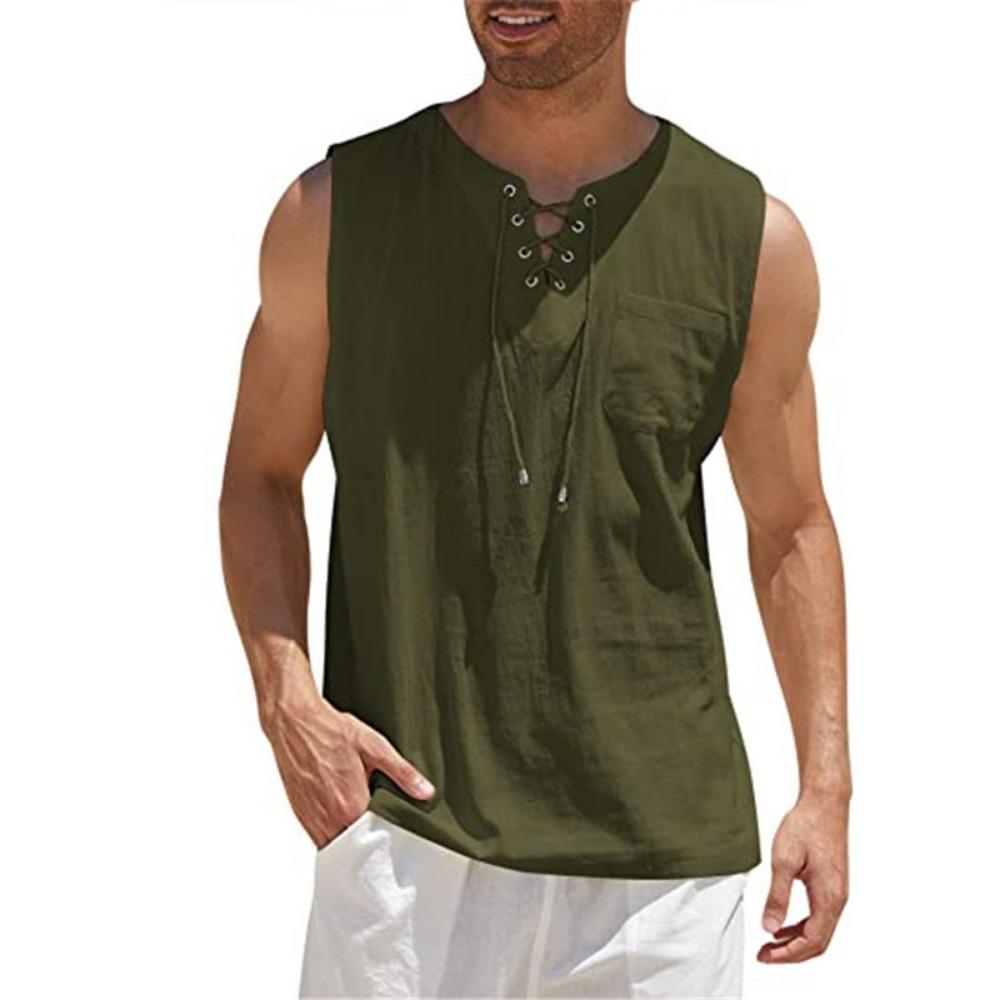 New Men's Sleeveless Top with Tie Up Stand Collar Pullover Shirt