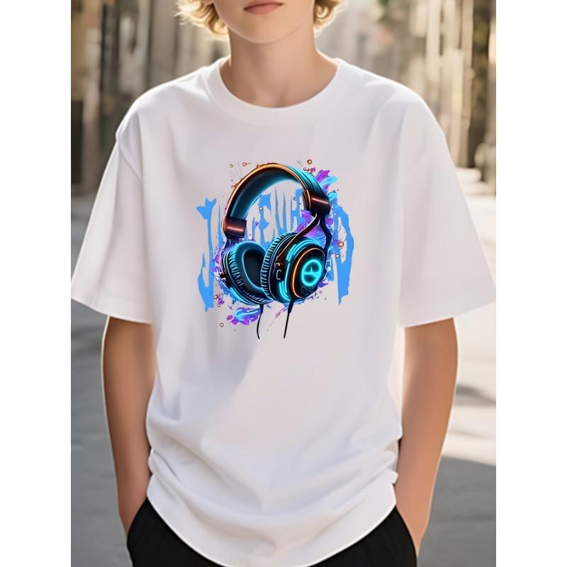 European sizes Boys and Teenagers T-Shirt, Fashionable Headphones Print Short Sleeve, Suitable for Indoor and Outdoor Casual Play and Sports 110