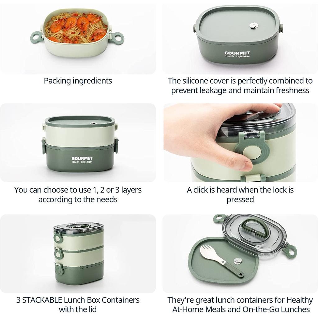 Box Lunch 2000ML 3-Tier Stackable Bento Case Sealed Leak-proof Meal Box Microwave Safe Portable Students Workers Food Container