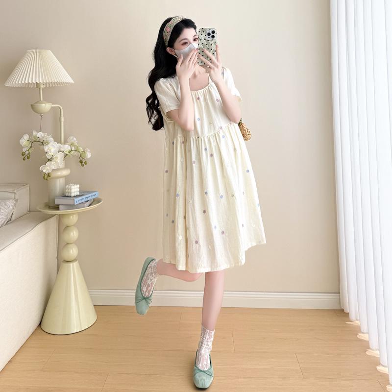 2026 Summer Korean Embroidered Floral Loose Maternity Dress L