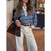 Women's Japanese Retro Striped Half Button Polo Collar Sweater, Winter Loose Lazy Style Niche Design Knit Top