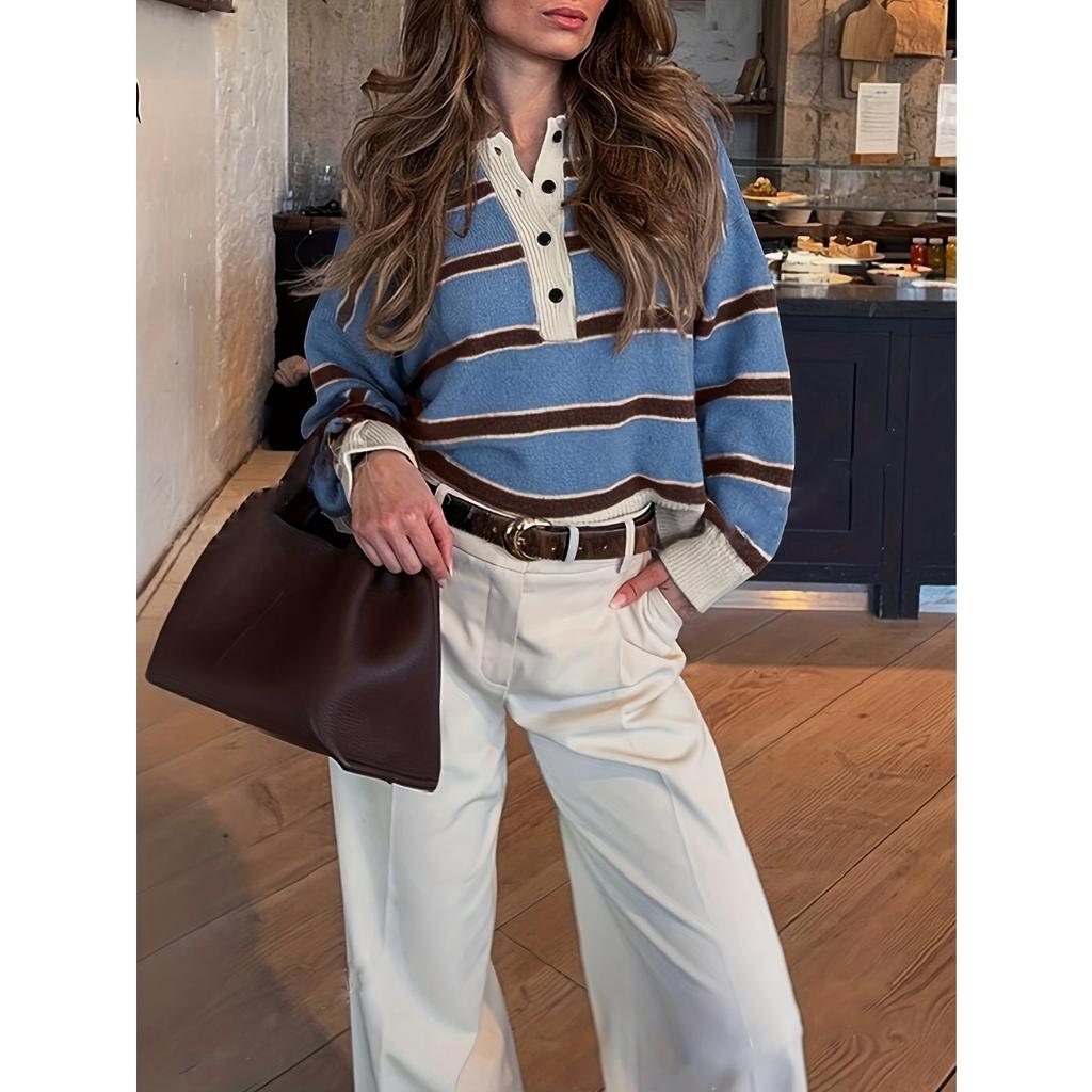 Women's Japanese Retro Striped Half Button Polo Collar Sweater, Winter Loose Lazy Style Niche Design Knit Top