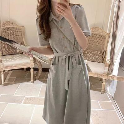 Summer Elegant Casual Polo Collar Youthful T-shirt Dress, Mid-length Lazy Style, Waist-cinched Lapel Strap Dress for Women