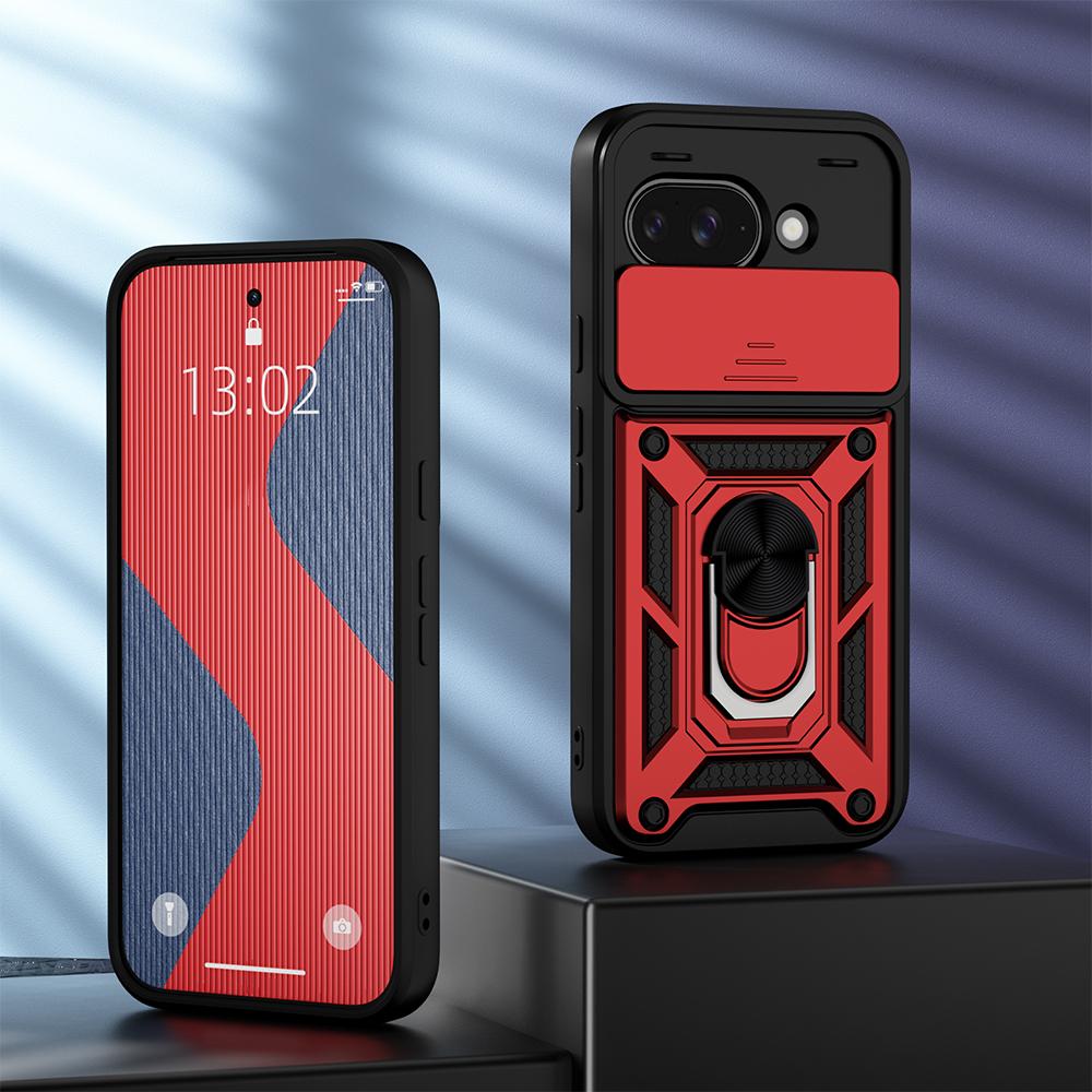 KEYSION Shockproof Armor Case for Google Pixel 9A Silicone+PC Slide Camera Lens Protection Ring Stand Phone Cover for Pixel 9A